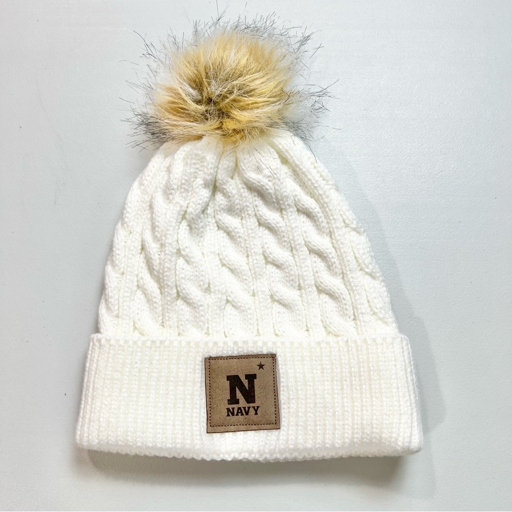NWT Ahead Navy Cable Knit Faux Fur Pom Pom Beanie Hat OSFM